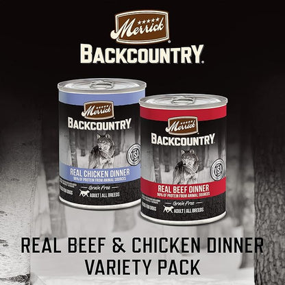 Merrick Backcountry Grain Free Premium Canned Dog Food, Variety Pack, Real Beef and Chicken Dinner Recipes - (Pack of 1) 9.5 lb. Cans