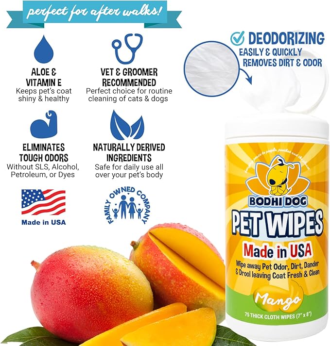 Bodhi Dog Pet Wipes | Wipes for Dog Grooming | Wipe Away Pet Odors & Deodorizes Coat | No Parabens or SLS | Large Wet & Thick Pet Wipes | Best for Cleaning Dogs and Cats (Mango, 75CT)