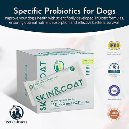 Skin & Coat Supplement for Dogs with Fish Oil & Salmon Oil, Omega 3 Dog Supplement Powder with PRE, PRO, & Post-biotics, 30 Dog Skin Allergy Relief Packs