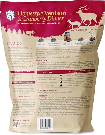 Addiction Homestyle Venison & Cranberry Dinner Raw Alternative Dog Food - Gently Air-Dried Complete Meal or Dog Food Topper for Digestive and Skin and Coat Health, 2 lb