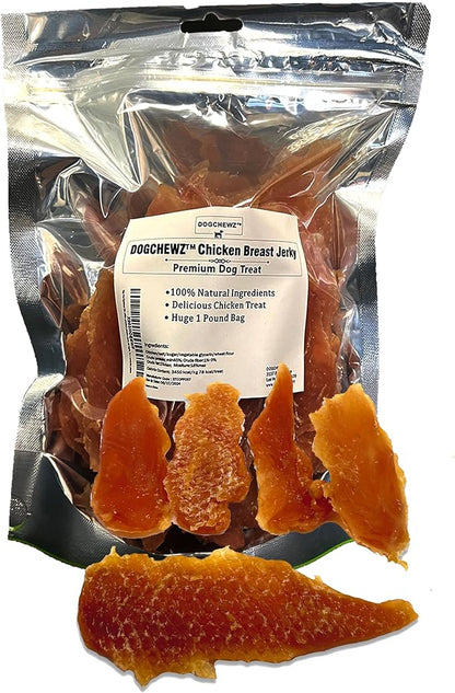 DOGCHEWZ™ Premium Chicken Breast Tender Jerky for Dogs All Natural Human Grade Dog Chew (1 LB Bag) - Single Ingredient - No Artificial Flavors or Preservatives - Whole Dehydrated Chicken