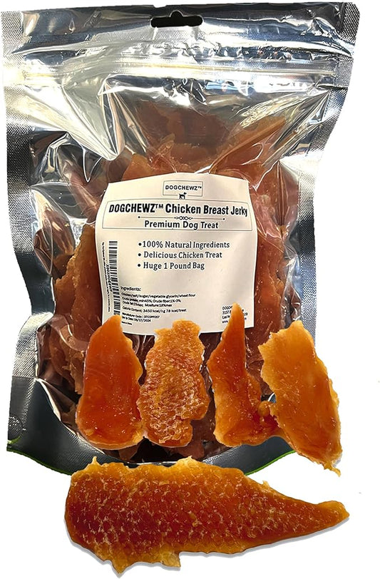 DOGCHEWZ™ Premium Chicken Breast Tender Jerky for Dogs All Natural Human Grade Dog Chew (1 LB Bag) - Single Ingredient - No Artificial Flavors or Preservatives - Whole Dehydrated Chicken
