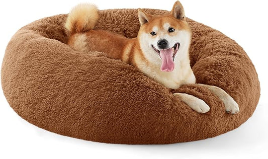 Bedsure Calming Dog Bed for Medium Dogs - Donut Washable Medium Pet Bed, 30 inches Anti-Slip Round Fluffy Plush Faux Fur Cat Bed, Fits up to 45 lbs Pets, Caramel