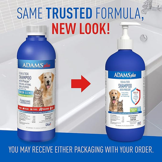 Adams Plus Flea & Tick Shampoo with Precor for Cats, Kittens, Dogs & Puppies Over 12 Weeks Of Age |Sensitive Skin Flea Treatment |Kills Adult Fleas, Flea Eggs, Ticks, and Lice |24 Oz, Pump Included