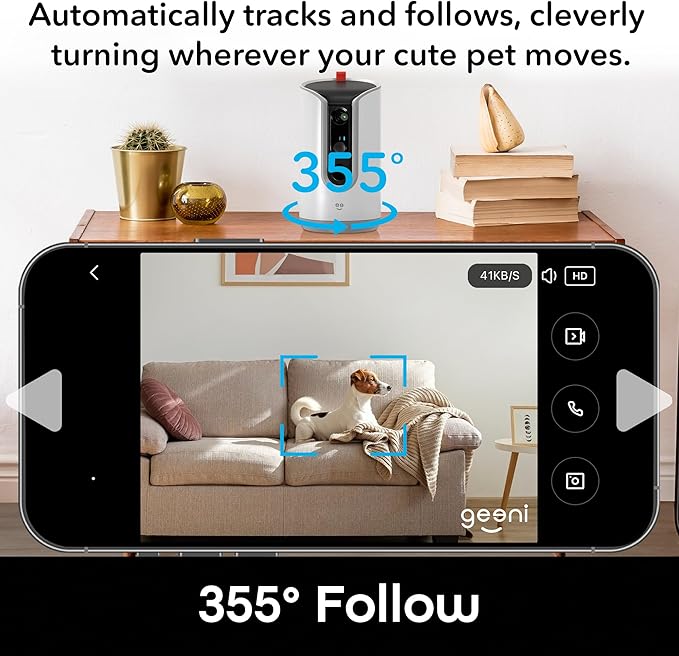 Geeni Pet Treat Dispenser with Camera - 2K HD WiFi Enabled, Dog and Cat Automatic Smart Feeder, Two-Way Audio, Night Vision, Auto-Follow, Remote Access with App, Alexa and Google Compatible, White