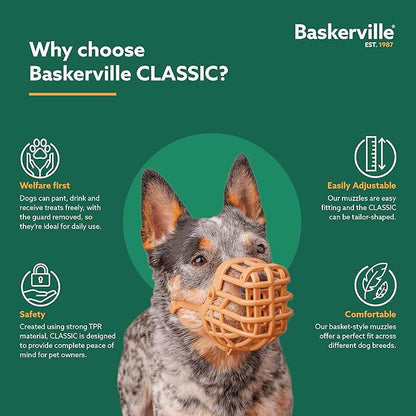 BASKERVILLE CLASSIC BASKET MUZZLE - Dog can Pant and Drink, Prevents Biting and Food Waste Scavenging, Strong TPR, Ideal for Longer Nosed Dogs, Breathable Dog Training Muzzle for Large Dogs (Size 9)