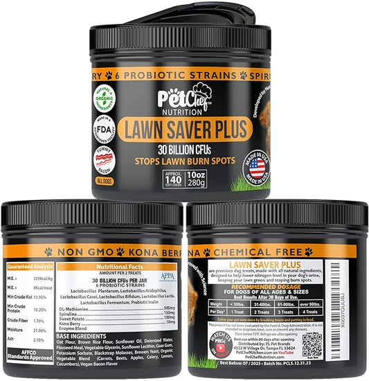 Pet Chef Lawn Saver Plus! - Dog Urine Neutralizer for Lawn, Grass Saver Soft Chews, Green Grass Dog Chews, Prevents Lawn Burn from Dog Urine, Repair & Prevent Damage to Green Plants from Dog Pee.