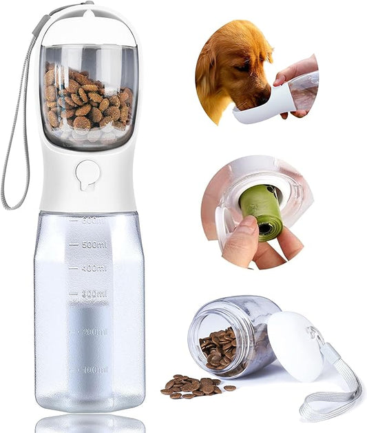 Dog Water Bottle with Food Container, Portable Pet Dog Water Dispenser for Outdoor Walking,Hiking,Travel,Puppy essentials,Puppy supplies,Replaceable Waste Bags