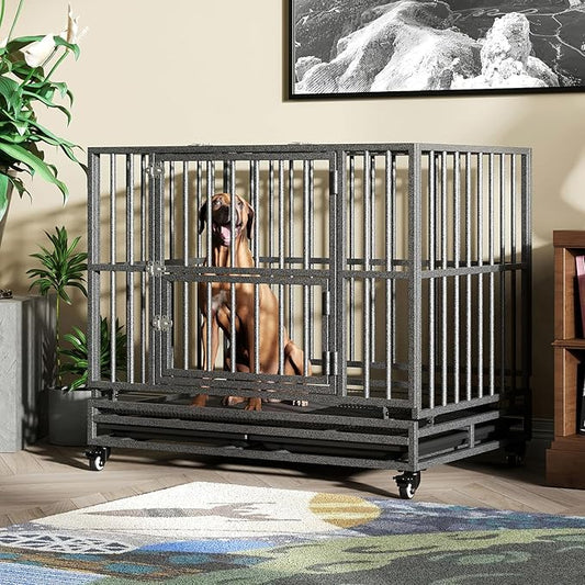 42 inch Heavy Duty Extra Large Indestructible Dog Crate Kennel Indoor with Separation Anxiety Lockable Wheels and Removable Tray