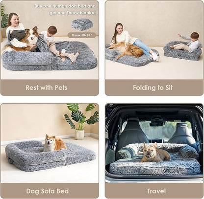 EHEYCIGA Foldable Human Dog Bed for Adult, Orthopedic Memory Foam Dog Bed for Humans, Waterproof Human Dog Bed for People, Faux Fur Human Sized Dog Bed, Grey, 72"x44"x12"