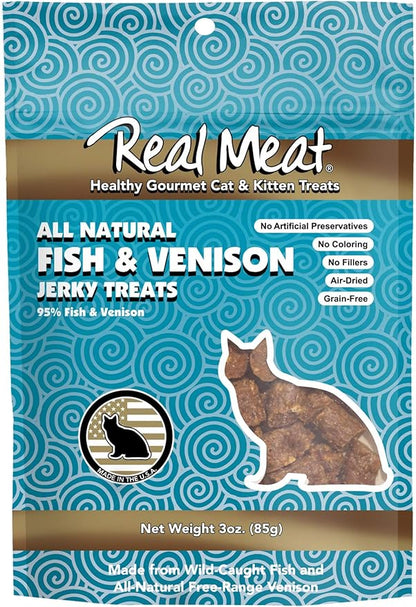 Real Meat, Air-Dried Jerky Treats, Free-Range, All-Natural Fish & Venison Cat Treats 3oz