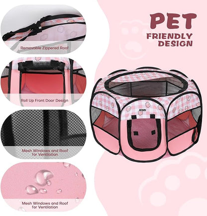 Foldable Dog Playpen Cat Puppy Playpen Indoor Pop Up Pet Animal Playpen Outdoor Kennel Cage Pen Tent for Small Medium Dog Puppy Cat Kitten Rabbit - Small, Pink