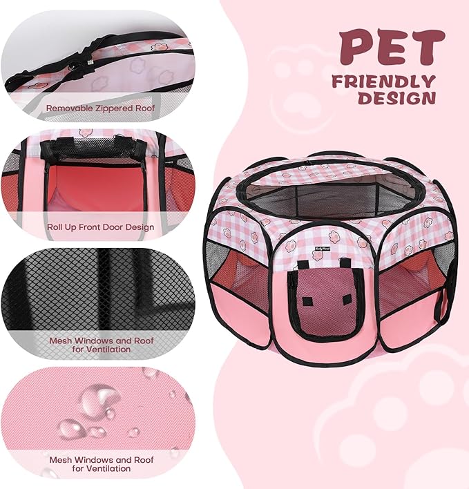 Foldable Dog Playpen Cat Puppy Playpen Indoor Pop Up Pet Animal Playpen Outdoor Kennel Cage Pen Tent for Small Medium Dog Puppy Cat Kitten Rabbit - Large, Pink