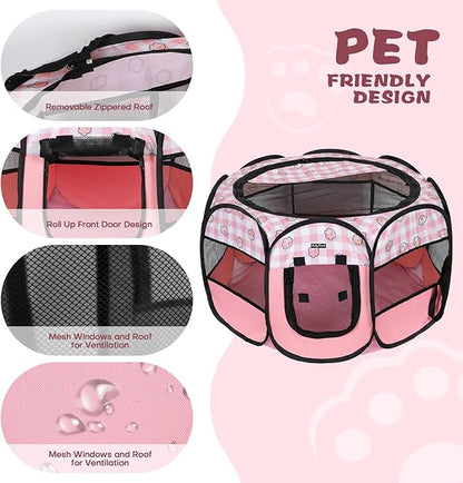 Foldable Dog Playpen Cat Puppy Playpen Indoor Pop Up Pet Animal Playpen Outdoor Kennel Cage Pen Tent for Small Medium Dog Puppy Cat Kitten Rabbit - Large, Pink