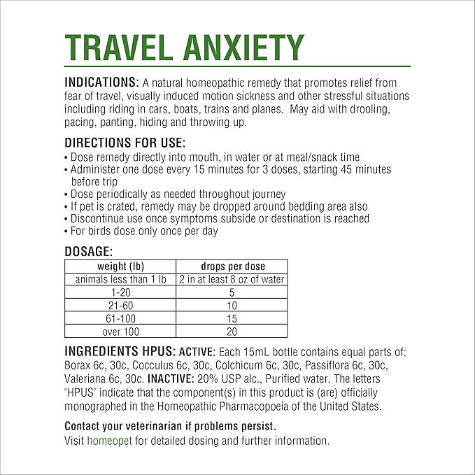 HomeoPet Travel Anxiety, Calming Relief for Dogs, Cats, and Other Small Animals, 15 Milliliters
