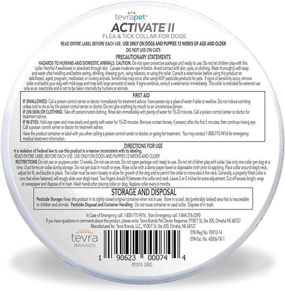 TevraPet Activate II Flea and Tick Collar for Dogs, 12 Months Prevention, 2 Count, One Size Fits All