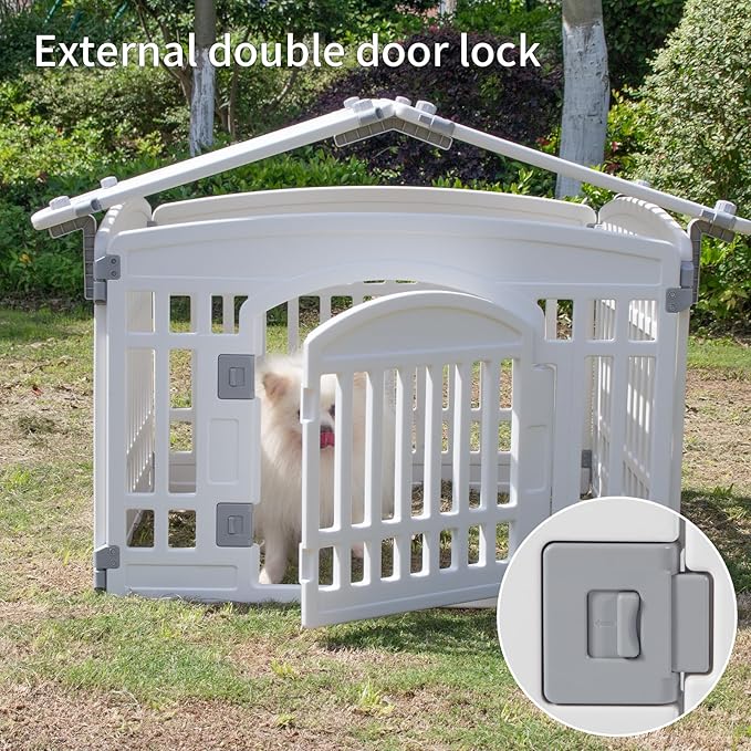 Pet Playpen Foldable Gate for Dogs Plastic Puppy Exercise Pen with Door Portable Indoor Outdoor Pets Fence Puppies Folding Cage 4 Panels House Supplies (6*Playpen White Roof with Cover)