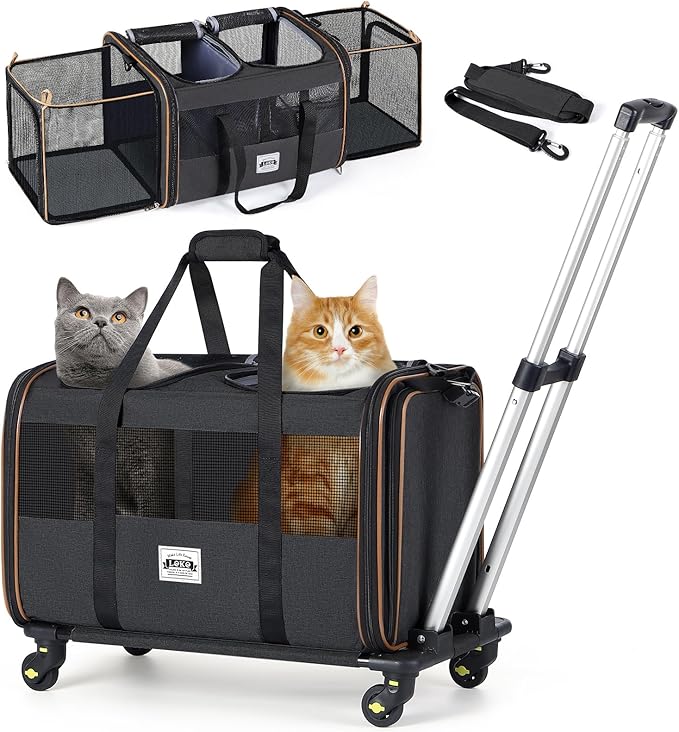 Lekereise Cat Dog Carrier with Wheels for 2 Cats, Expandable Double Cat Carrier with Wheels, Large Rolling Pet Carrier, Wheeled Pet Carrier with Telescopic Handle, Black