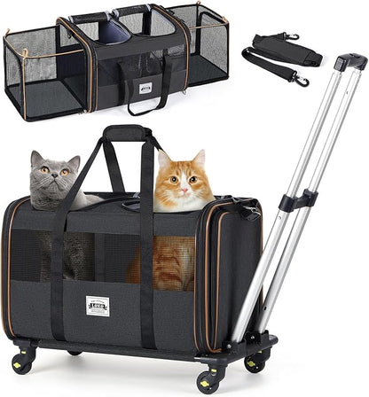 Lekereise Cat Dog Carrier with Wheels for 2 Cats, Expandable Double Cat Carrier with Wheels, Large Rolling Pet Carrier, Wheeled Pet Carrier with Telescopic Handle, Black