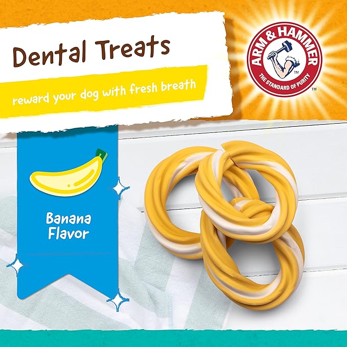 Arm & Hammer for Pets Ringers Dental Treats for Dogs | Dog Dental Chews Fight Bad Breath & Tartar Without Brushing | Fruity Banana Flavor in Dog Treat Bag, 5-Ct Dental Dog Chews, 24 Pack