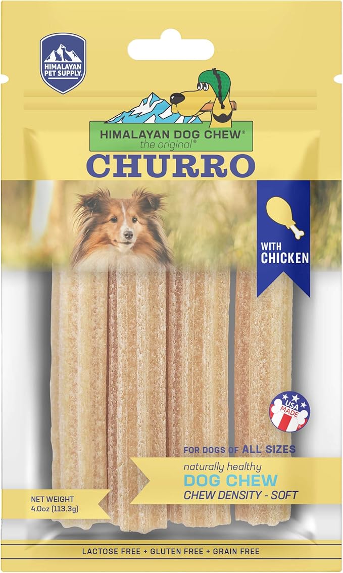 Himalayan Dog Chew Churro Yak Cheese Dog Chews, 100% Natural, Long Lasting, Gluten Free, Healthy & Safe Dog Treats, Lactose & Grain Free, Protein Rich, For All Breeds, Soft, Real Chicken Flavor, 4 oz