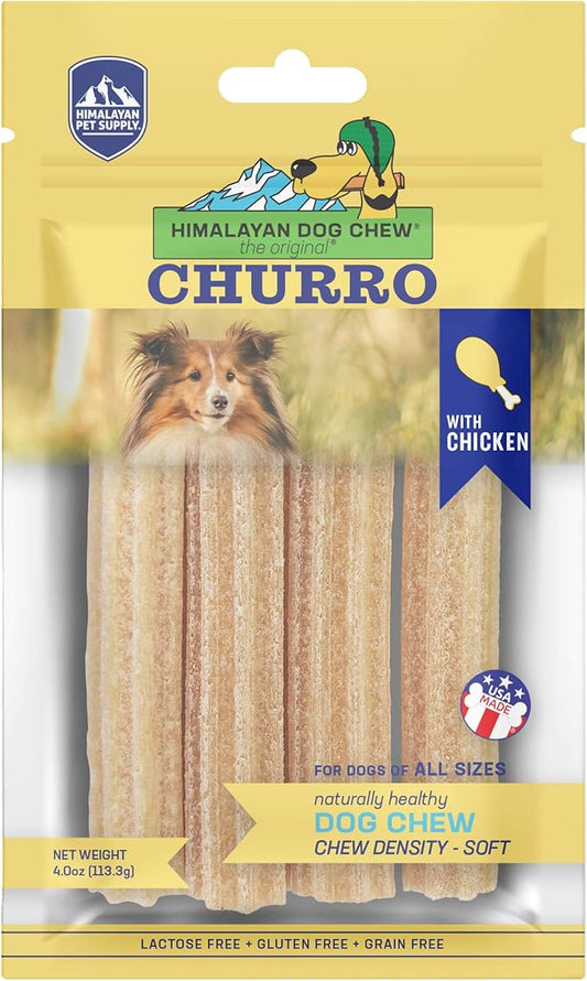 Himalayan Dog Chew Churro Yak Cheese Dog Chews, 100% Natural, Long Lasting, Gluten Free, Healthy & Safe Dog Treats, Lactose & Grain Free, Protein Rich, For All Breeds, Soft, Real Chicken Flavor, 4 oz
