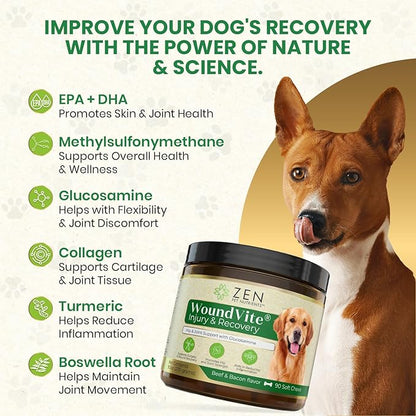 Zen Pet Nutrients WoundVite Hip and Joint Chews for Dogs - Dog Hip and Joint Supplement with Glucosamine Chondroitin, Hyaluronic Acid and MSM for Dog Surgery, Recovery and Joint Relief