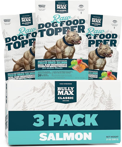 Bully Max Freeze-Dried Raw Dog Food Toppers for Puppies & Adult Dogs - Salmon with Real Fruits & Veggies - Meal Enhancers with Vitamins & Minerals - Feed as Puppy Treat or Dog Meal - 3 Pack