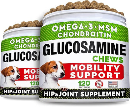 STRELLALAB Glucosamine Treats for Dogs - Joint Supplement w/Omega-3 Fish Oil - Chondroitin, MSM - Advanced Mobility Chews - Joint Pain Relief - Hip & Joint Care - Peanut Butter Flavor - 240 Ct