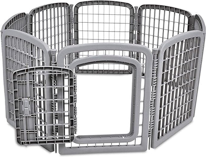 Amazon Basics 8-Panel Octagonal Plastic Pet Pen Fence Enclosure With Gate, 59 x 58 x 28 Inches, Grey