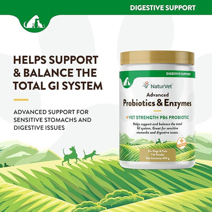 NaturVet – Advanced Probiotics & Enzymes - Plus Vet Strength PB6 Probiotic | Supports and Balances Pets with Sensitive Stomachs & Digestive Issues | for Dogs & Cats (1 lb)