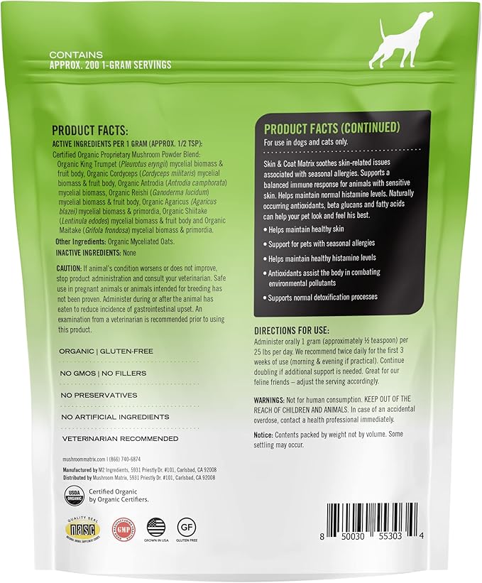 Om Mushroom Matrix Pet - Canine | Skin & Coat | USA Grown Human-Grade Organic Mushroom Powder Pet Supplement | Seasonal Allergy Skin & Coat Support for Dogs & Cats | 200 Grams, 7.1 oz