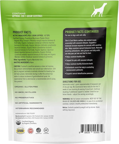 Om Mushroom Matrix Pet - Canine | Skin & Coat | USA Grown Human-Grade Organic Mushroom Powder Pet Supplement | Seasonal Allergy Skin & Coat Support for Dogs & Cats | 200 Grams, 7.1 oz