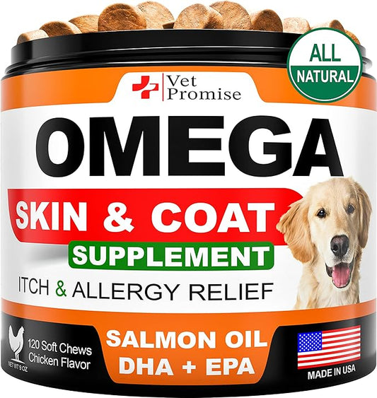 Omega 3 for Dogs - Dog Skin and Coat Supplement - Fish Oil for Dogs Chews - Allergy and Dog Itch Relief - Dog Anti Shedding Supplement - Dog Dry Skin Treatment - Salmon Oil - Made in USA - 120 Treats