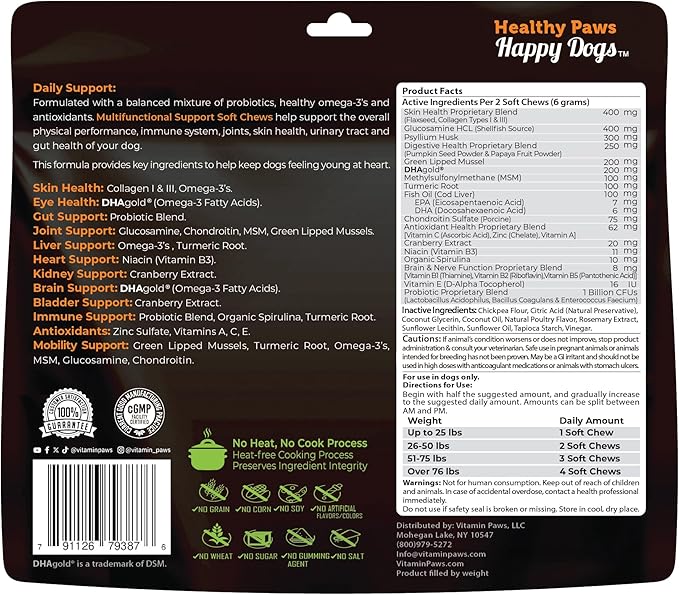 All-in-1 Multivitamin Dog Vitamins and Supplements | Soft Chews with Probiotics, Turmeric, Glucosamine, Omega Fish Oil, Digestive Enzymes for Hip and Joint Support, Skin and Coat Health