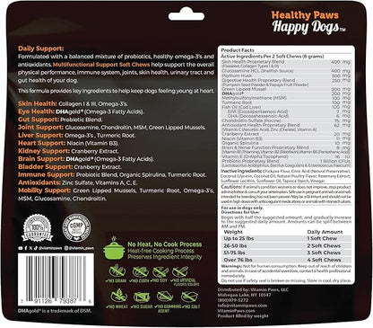 All-in-1 Multivitamin Dog Vitamins and Supplements | Soft Chews with Probiotics, Turmeric, Glucosamine, Omega Fish Oil, Digestive Enzymes for Hip and Joint Support, Skin and Coat Health