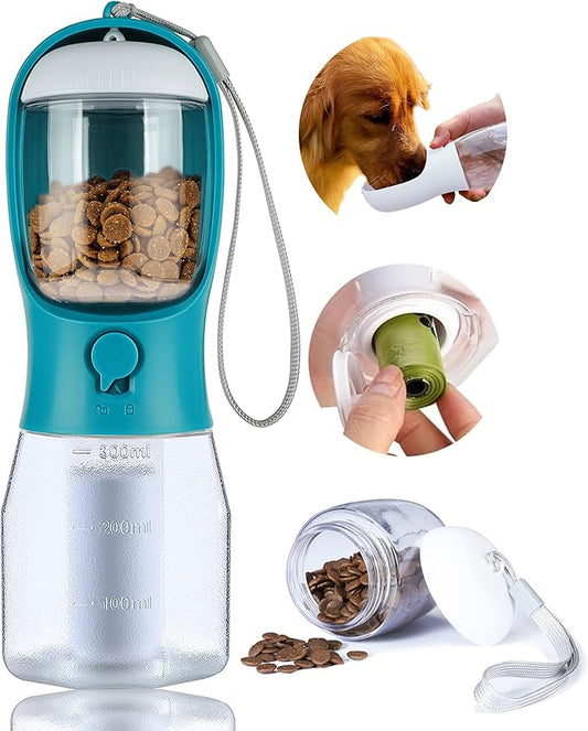 Dog Water Bottle with Food Container, Portable Pet Dog Water Dispenser for Outdoor Walking,Hiking,Travel,Puppy Essentials,Puppy Supplies,Replaceable Waste Bags