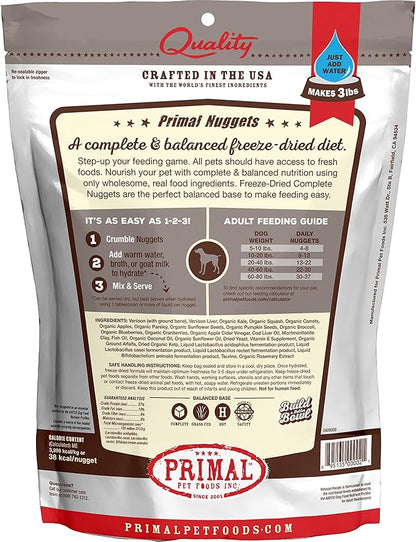 Primal Freeze Dried Dog Food Nuggets, Venison; Complete & Balanced Meal; Also Use as Topper or Treat; Premium, Healthy, Grain Free, High Protein Raw Dog Food, 14 oz