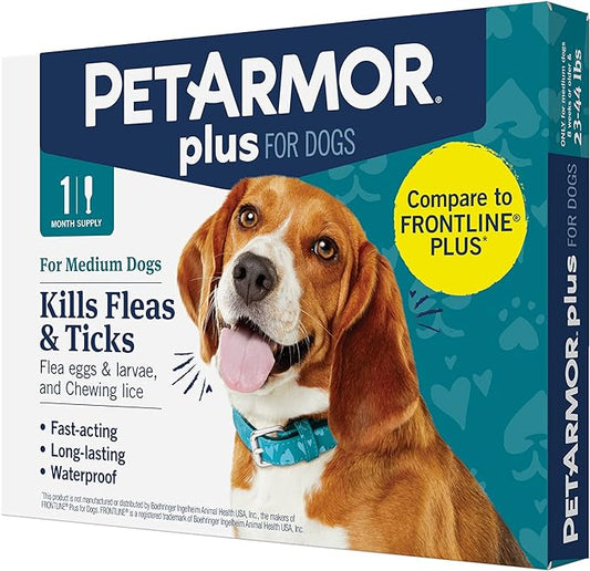 PetArmor Plus Flea and Tick Prevention for Dogs, Dog Flea and Tick Treatment, 1 Dose, Waterproof Topical, Fast Acting, Medium Dogs (23-44 lbs)
