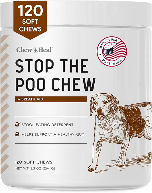 Stop The Poo Chew Coprophagia Treatment for Dogs - 120 Soft Chews - Chicken Flavor Dog Deterrent for Dogs Eating Poop - Treats Bad Breath and Boosts Gut Health - Made in USA
