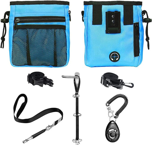 4-in-1 Dog Training Set, Puppy Training Treats- Dog Treat Training Pouch, Dog Whistle, Dog Doorbells, Dog Clicker, Ideal Gift for First Time Pet Owners, Training Dog Owners (Blue)