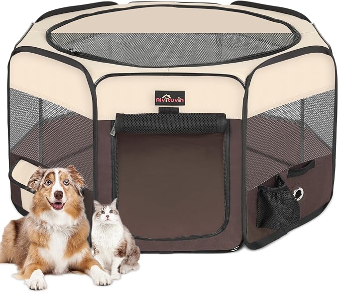 Dog Playpen, Cat Playpen - Foldable Pet Playpen with Carrying Case, Portable Pet Tent for Indoor/Outdoor Use | Water Resistant | Removable Shade Cover - (Brown, Small)