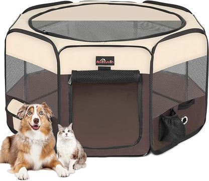 Dog Playpen, Cat Playpen - Foldable Pet Playpen with Carrying Case, Portable Pet Tent for Indoor/Outdoor Use | Water Resistant | Removable Shade Cover - (Brown, Small)