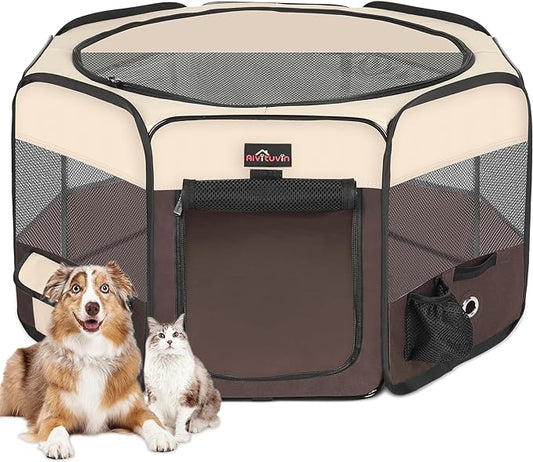 Dog Playpen, Cat Playpen - Foldable Pet Playpen with Carrying Case, Portable Pet Tent for Indoor/Outdoor Use | Water Resistant | Removable Shade Cover - (Brown, Small)