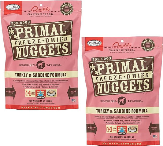 Primal Freeze Dried Dog Food Nuggets, Turkey & Sardine; Complete & Balanced Meal; Also Use as Topper or Treat; Premium, Healthy, Grain Free, High Protein Raw Dog Food, 14 oz (Pack of 2)
