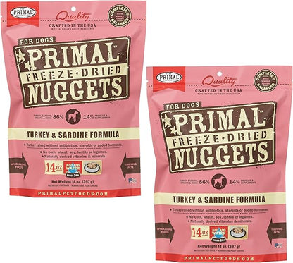 Primal Freeze Dried Dog Food Nuggets, Turkey & Sardine; Complete & Balanced Meal; Also Use as Topper or Treat; Premium, Healthy, Grain Free, High Protein Raw Dog Food, 14 oz (Pack of 2)