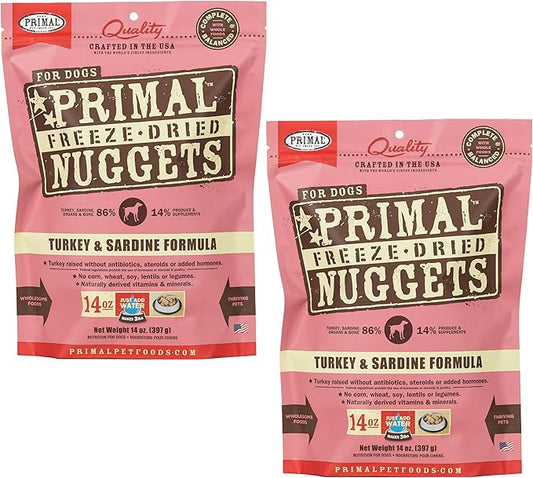 Primal Freeze Dried Dog Food Nuggets, Turkey & Sardine; Complete & Balanced Meal; Also Use as Topper or Treat; Premium, Healthy, Grain Free, High Protein Raw Dog Food, 14 oz (Pack of 2)