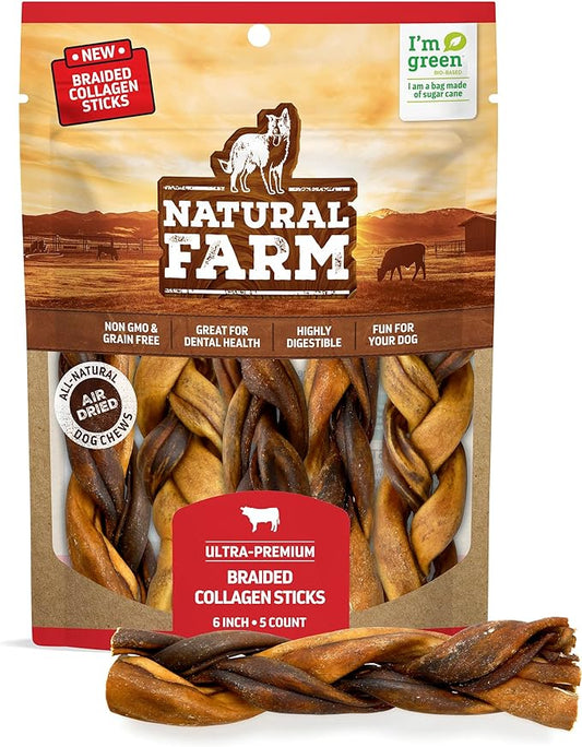Natural Farm Braided Collagen Chews for Dogs (6 Inch, 5 Pack), Collagen Sticks, Natural Dog Chews, Long Lasting, for Small, Medium and Large Dogs, Odor-Free, Rawhide Alternative