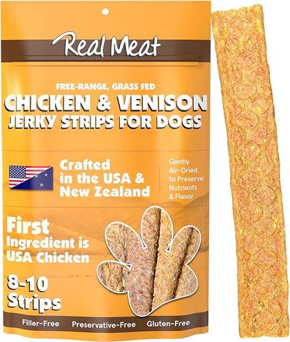 Real Meat Venison & Chicken Jerky Dog Treats - 8 Air-Dried Strips of Jerky Treats for Dogs - Grain-Free Jerky Treats Dog Snacks Made up of 95% Human-Grade, All-Natural, & Free-Range Chicken & Venison