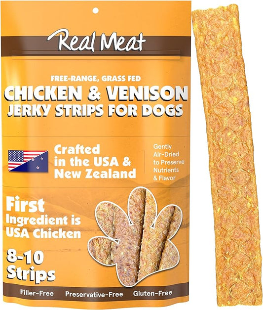 Real Meat Venison & Chicken Jerky Dog Treats - 8 Air-Dried Strips of Jerky Treats for Dogs - Grain-Free Jerky Treats Dog Snacks Made up of 95% Human-Grade, All-Natural, & Free-Range Chicken & Venison